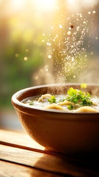 Russian pelmeni, dumplings filled with meat, served in a rich broth, rustic clay bowl, traditional wooden dacha, early winter evening