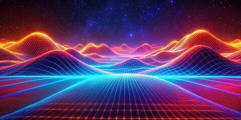 A futuristic cyberpunk landscape in motion with a red, orange, and blue wave and purple overlay, futuristic, cyberpunk, landscape