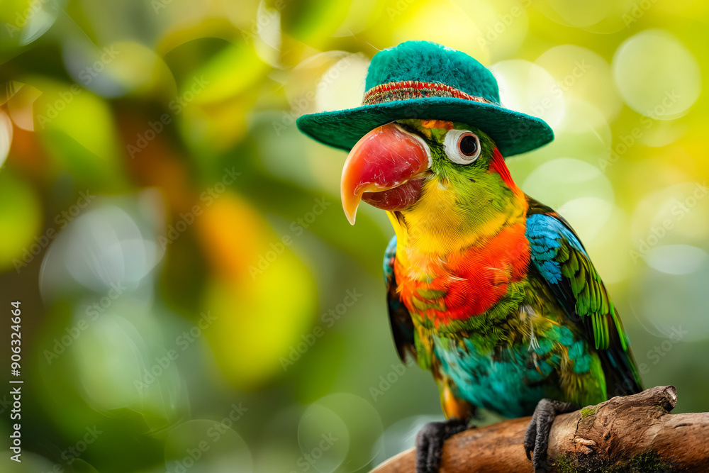 Wall mural A colorful parrot wearing a green hat sitting on a branch