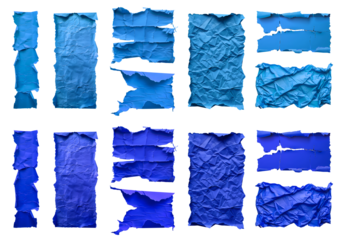 Collection set of dark light blue crushed wrinkle scrunch torn strips pieces paper, old tear crumple rip edges on transparent cutout, PNG. Many different design. Mockup template artwork graphic