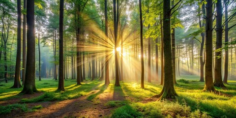 Fototapeta premium Morning sunlight filtering through the trees in a peaceful forest setting, morning, forest, trees, sunlight, peaceful