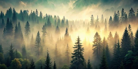 Wandcirkels Mistig bos Misty landscape with fir forest in vintage retro style, mist, landscape, vintage, retro, forest, fir trees, foggy, nature  © Udomner