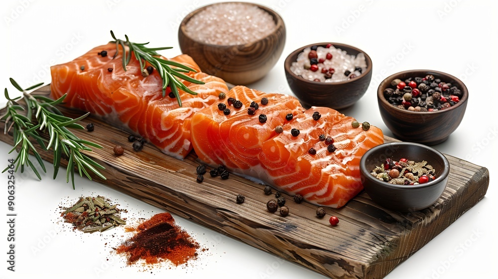 Poster wooden board with raw salmon steaks and different spices on white background : generative ai