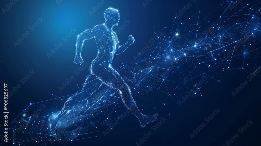 Poster abstract illustration of a running man formed by lines and triangles with a network of connecting po