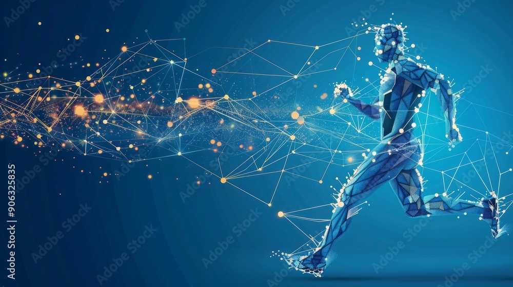 Poster abstract illustration of a running man formed by lines and triangles with a network of connecting po