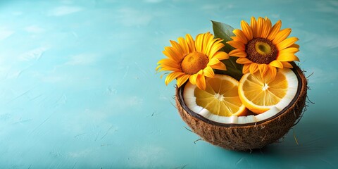 Coconut shell with sunflower and orange slices on light blue background, , coconut, sunflower, orange, slices, shell