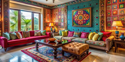 Modern Indian living room bursting with vibrant colors, intricate patterns, and luxurious furnishings , vibrant
