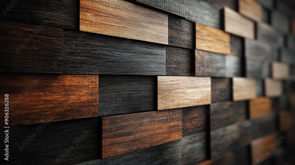 Poster 3d wood plank wall with a mix of light and dark tones, creating a dynamic and visually appealing bac