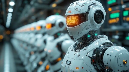 Fototapeta premium Smart factory with robotic workers, representing automated manufacturing.