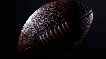 Close-up of a classic american football ball with white laces and textured leather surface on a dramatic black background, highlighted by soft lighting, perfect for sports-themed designs, football mer