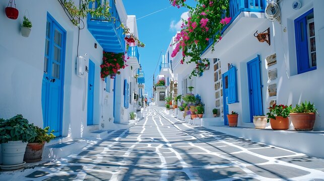 Fototapeta Picturesque narrow blue and white cobble street and traditional Greek houses in Mykonos Island Greece : Generative AI