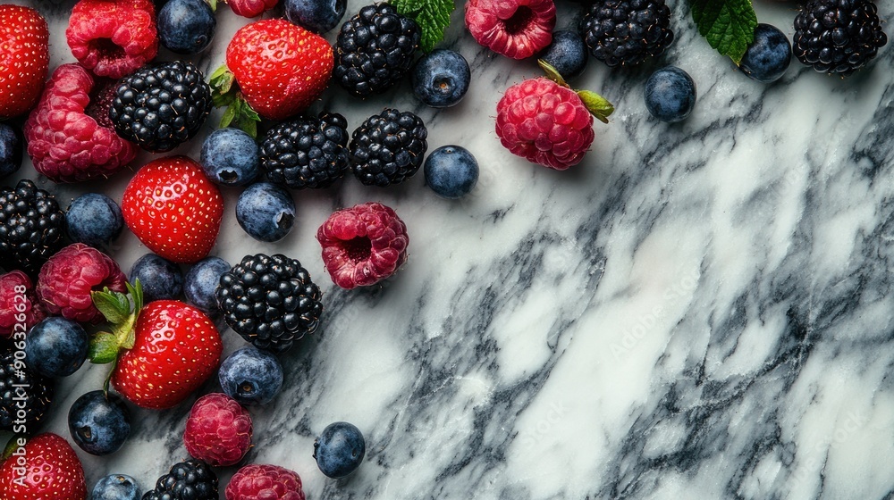 Poster a mix of colorful berries on a marble surface, with plenty of open space for copy or design elements