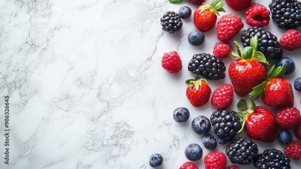 Poster a mix of colorful berries on a marble surface, with plenty of open space for copy or design elements