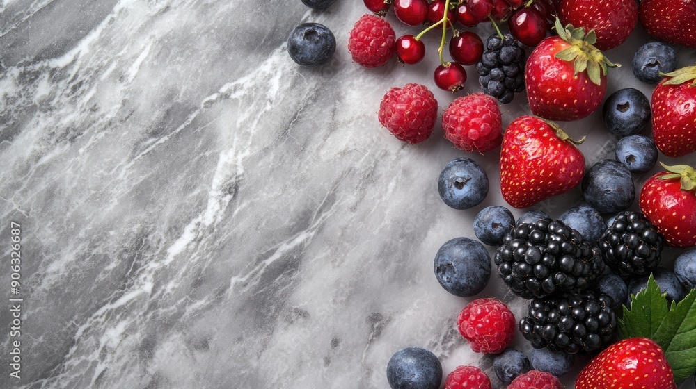 Poster a mix of colorful berries on a marble surface, with plenty of open space for copy or design elements