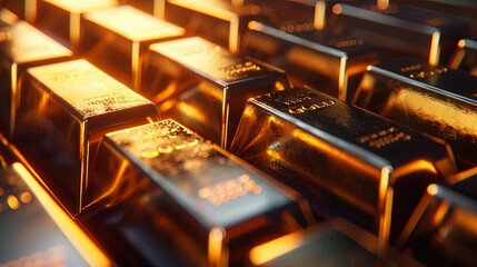 Luminous Stacks of Gold Bars on Dark Background