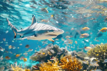Naklejka premium Shark Swimming with Fish in Ocean