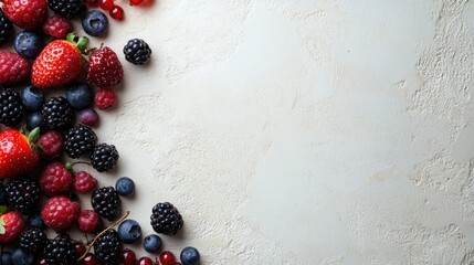 A vibrant mix of berries in a corner of the image with blank space for copy on a light backdrop.