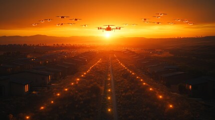 Fototapeta premium Solar-powered drones delivering packages, symbolizing innovation in logistics.