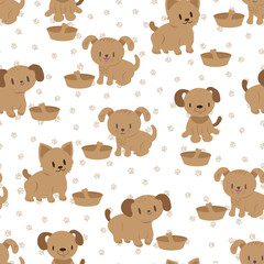 Cute cartoon dogs seamless vector pattern background. Scattered canine backdrop with small hand drawn dogs, food bowl, bones and paws. Pet care health accessories animal repeat for doggie products.