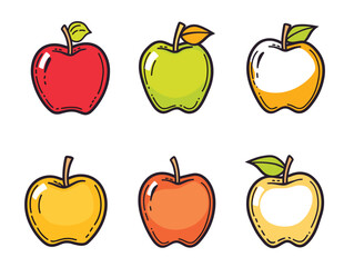 Six colorful apples, handdrawn cartoon style, fruit illustration. Various apple colors reflect diversity, healthy food concept, isolated white background. Bright primary color apples, leaf detail