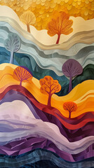 Colorful landscape with stylized trees and layered hills.