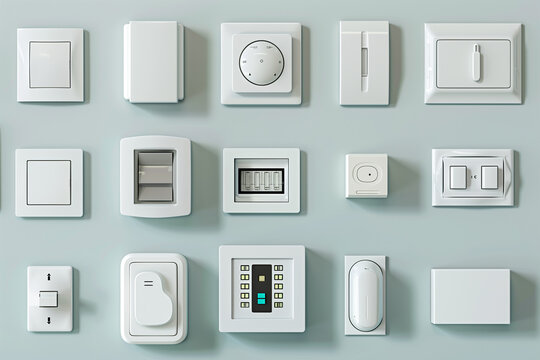Various types of modern wall switches and sockets on a light background.