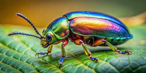 Naklejka premium Close-up image of a beetle on a leaf, showcasing intricate details and vibrant life, beetle, leaf, nature, close-up, macro