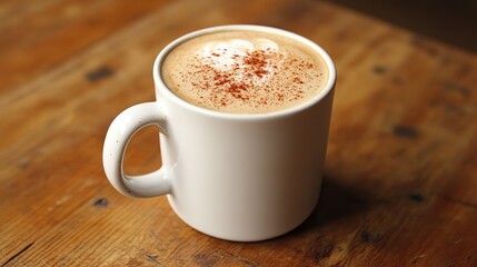 Obraz premium Cappuccino with frothy milk in a white mug on a wooden table, perfect for highlighting coffee culture or home brewing content.