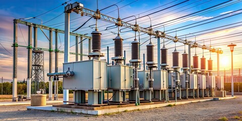 High voltage transformer substation with power lines and electrical equipment, substation, transformer