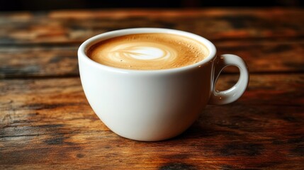 Obraz premium Close-up of a white cappuccino mug with frothy milk on a wooden table, ideal for coffee recipes or cafe-style content.