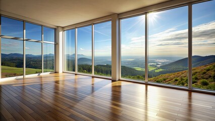 Empty room with a large window overlooking a scenic view , interior design, spacious, bright, minimalist