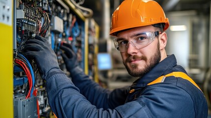 A man electrician in uniform is working on a electric machine
