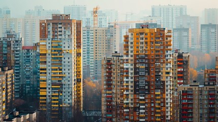 Construction of modern multistorey residential buildings City blocks in a big city View of tall buildings and construction tower cranes Residential Properties : Generative AI