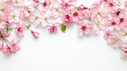 Obraz premium Elegant cherry blossom flowers isolated on a white surface, offering generous blank space for text, ideal for spring promotions or greetings.