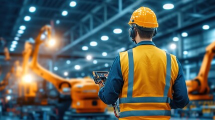 A man in a yellow vest is standing in front of a robot