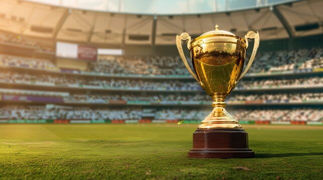 Cricket championship trophy with shining gold accents in front of a world cup trophy on a green cricket stadium field with floodlights and crowd, perfect for sports events, tournaments, and athletic c