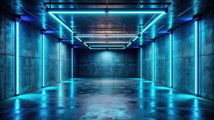Neon lights casting a blue glow in a dark basement, rendering, neon lights, glowing, blue, basement, interior