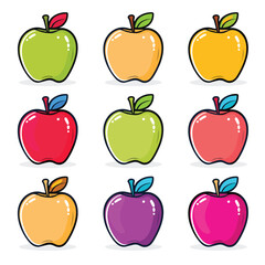 Collection colorful apples, cartoon style, healthy fruit theme, green, yellow, red, purple apples, handdrawn. Cute apple illustrations children, educational material, colorful simple fruit designs