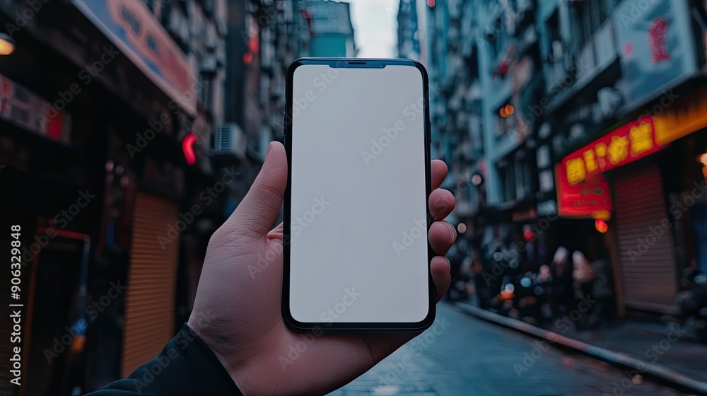 Poster close-up of hand holding a cell phone with an empty screen.