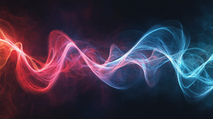 Dynamic abstract background showcasing a spiral sound wave rhythm line in shades of red and blue, set against a dark background for bold contrast.