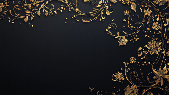 A matte black background with delicate gold filigree patterns. The intricate gold designs add a touch of vintage elegance to the sophisticated black surface.