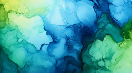 An abstract art background featuring fluid watercolor stain elements in vibrant hues of blue and green, creating a dynamic and visually engaging scene.