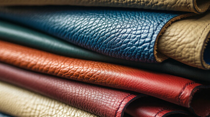 A close-up of a stack of colored leather pieces. The stack includes shades of blue, green, red, and beige, each piece showing a different texture, from smooth to pebbled.