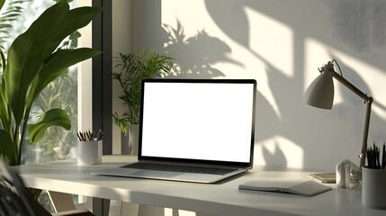 Fototapeta premium Mockup computer laptop on workspace with empty screen.