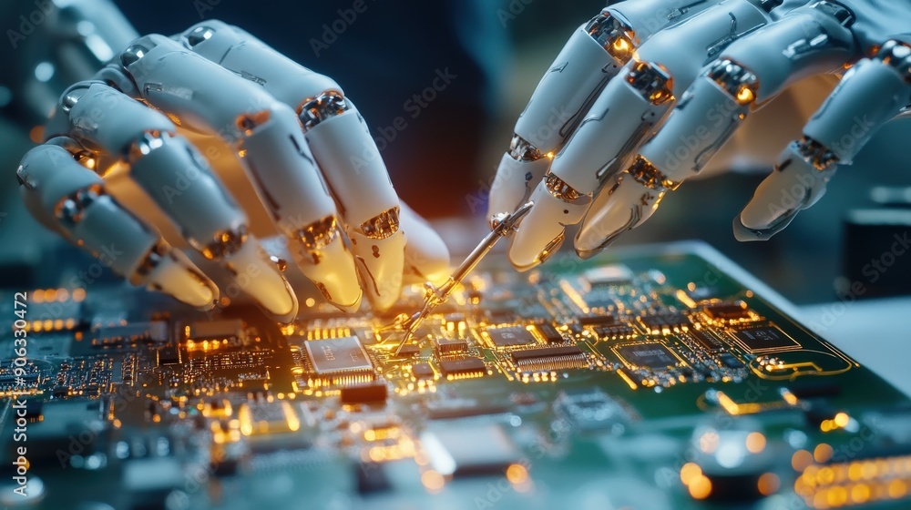 Poster a robotic hands are working on a circuit board