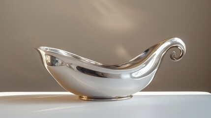 Silver gravy boat with a polished finish, classic and refined, isolated on a neutral background with plenty of room for text or graphic elements