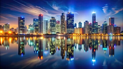 Obraz premium Night city skyline with glowing lights reflecting on water , urban, cityscape, illumination, reflections