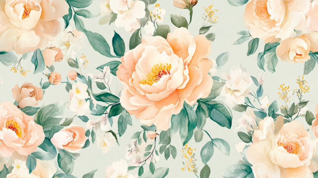 A seamless watercolor floral pattern featuring detailed peonies and greenery in soft peach and mint hues, evoking a sense of tranquility and elegance.