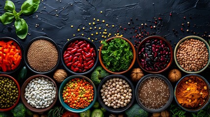 Vegan food for a healthy immune boosting diet with legumes vegetables nuts dips grains snacks and cereal products Plant based health foods for ethical eating and a healthy planet Flat  : Generative AI