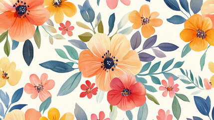 A whimsical seamless watercolor floral pattern showcasing a variety of blossoms and leaves in bright, cheerful colors, creating a lively and playful design.